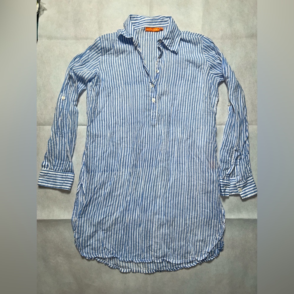 Oliphant blue and white stripe lightweight cotton roll tab cuff dress/coverup